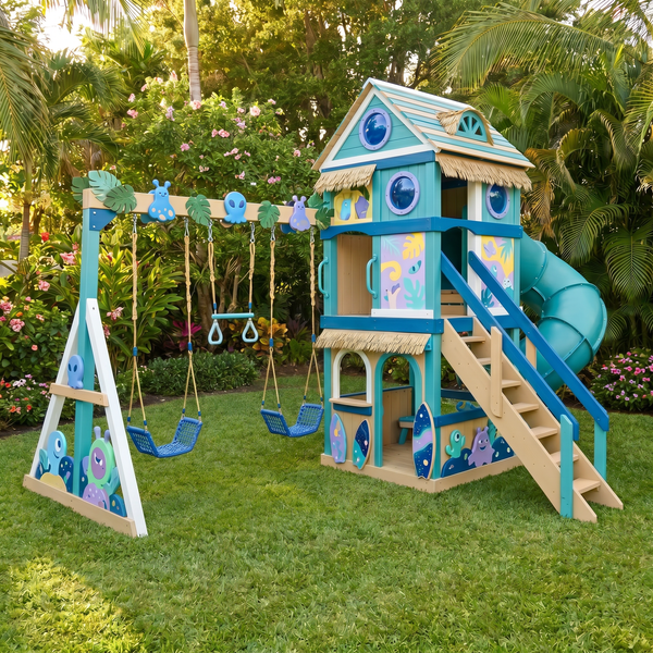 Little Tropical Cove Playhouse Swing Set With Tube Slide