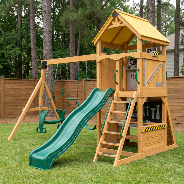 Little Builder Cabin Wooden Swing Set With Slide