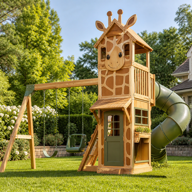 Giraffe Wooden Playhouse Swing Set with Tube Slide