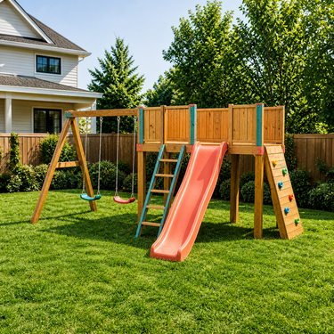 Adventure Deck Wooden Swing Set with Slide