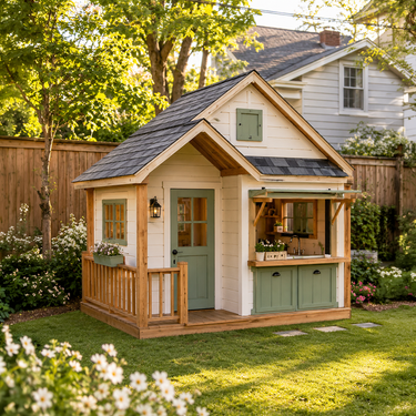 Green Door Cottage Playhouse with Kitchen Counter