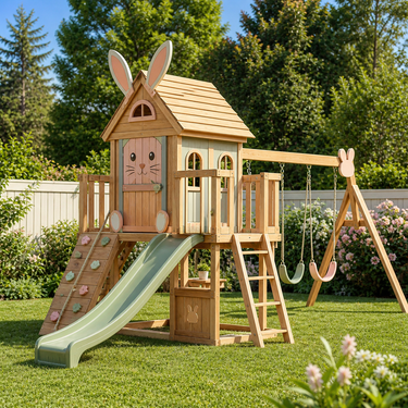 Bunny Wooden Playhouse Swing Set with Slide