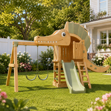 Dino Ridge Playhouse Swing Set with Slide