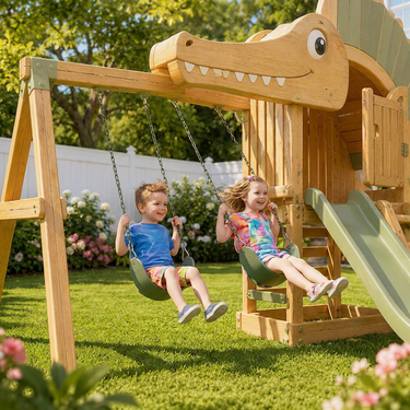 Dino Ridge Playhouse Swing Set with Slide