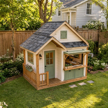 Green Door Cottage Playhouse with Kitchen Counter