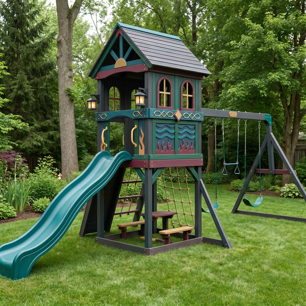 Little Forest Lodge Wooden Swing Set With Slide