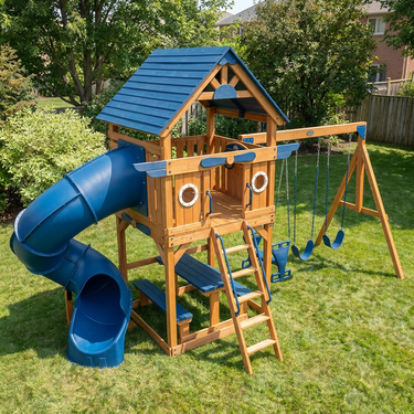 Blue Adventure Playhouse Swing Set with Tube Slide