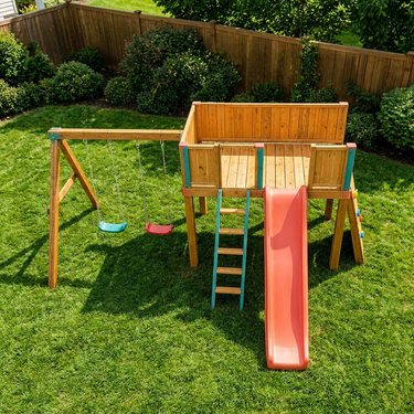 Adventure Deck Wooden Swing Set with Slide