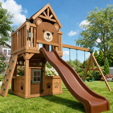 Bear Wooden Playhouse Swing Set with Slide
