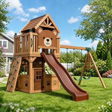 Bear Wooden Playhouse Swing Set with Slide