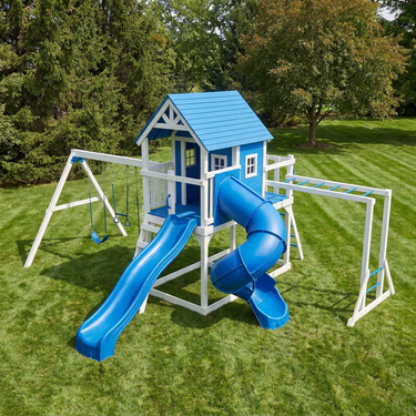Blue Sky Cottage Playhouse Swing Set With Slides