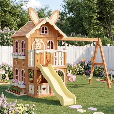 Bunny Garden Wooden Playhouse Swing Set with Slide