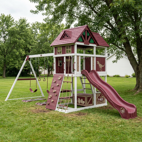 Little T-Rex Rescue Wooden Swing Set With Slide