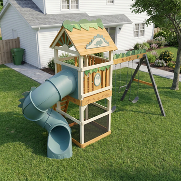 Dino Jungle Playhouse Swing Set with Tube Slide
