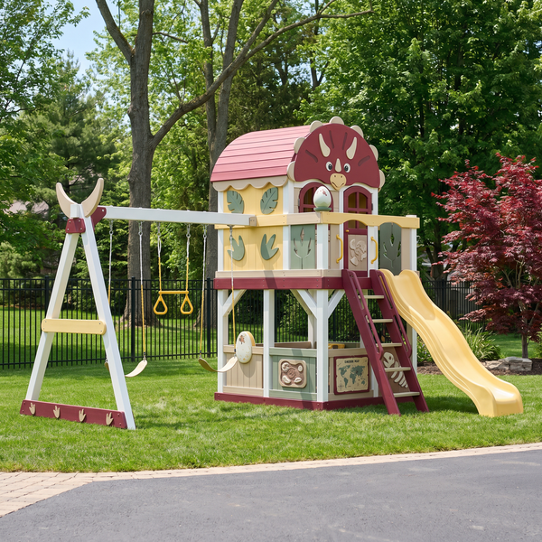 Little Triceratops Garden Playhouse Swing Set With Slide