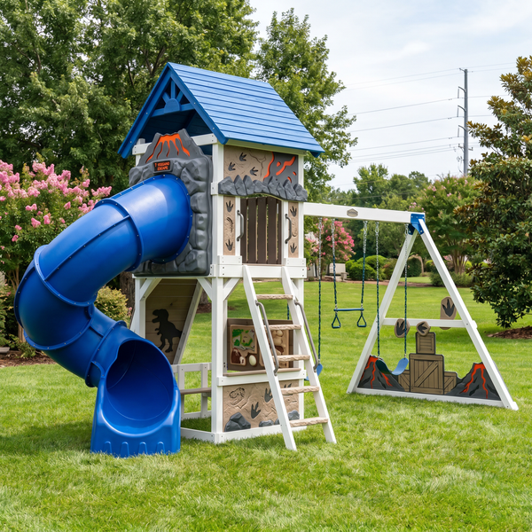 Little Volcano Explorer Wooden Swing Set With Tube Slide