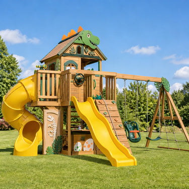 Dinosaur Wooden Playhouse Swing Set with Slides