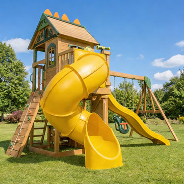 Dinosaur Wooden Playhouse Swing Set with Slides