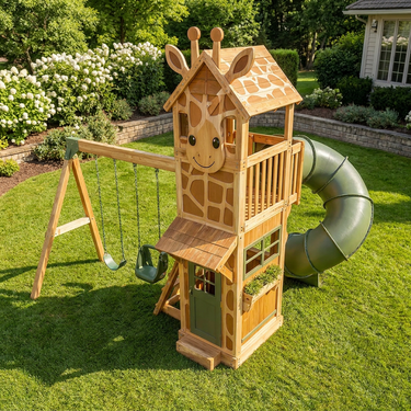 Giraffe Wooden Playhouse Swing Set with Tube Slide