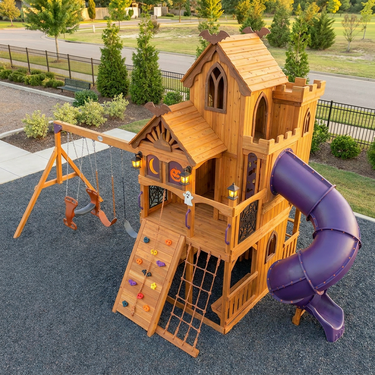 Haunted House Playhouse Swing Set with Tube Slide