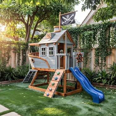 Pirate Ship Wooden Playhouse Set with Slide