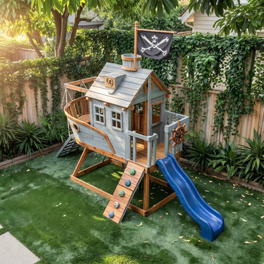 Pirate Ship Wooden Playhouse Set with Slide