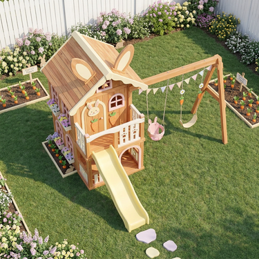 Bunny Garden Wooden Playhouse Swing Set with Slide