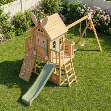 Bunny Wooden Playhouse Swing Set with Slide