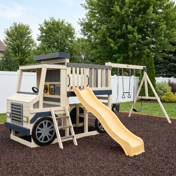 Little Road Crew Truck Wooden Swing Set With Slide