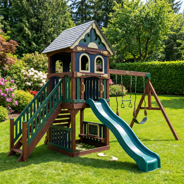 Little Moonlight Cottage Wooden Swing Set With Slide