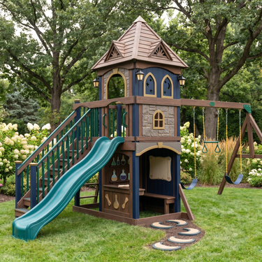 Little Wizard Tower Wooden Swing Set With Slide