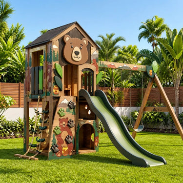 Bear Woodland Wooden Swing Set with Wave Slide & Rope Climb