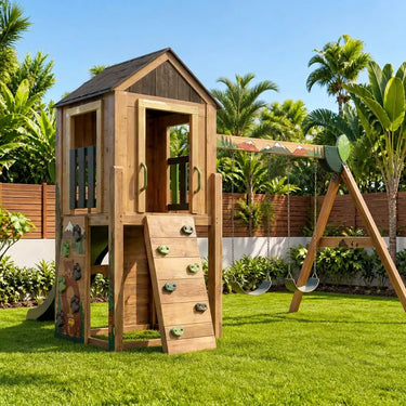 Bear Woodland Wooden Swing Set with Wave Slide & Rope Climb