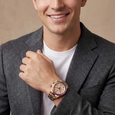 Chronograph Bracelet Watch With Rainbow Baguette Bezel And Pave Dial