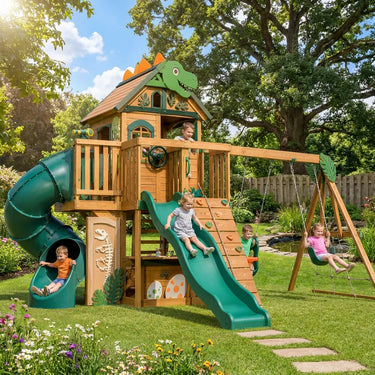 Dinosaur Wooden Swing Set With Slides And Climbing Wall