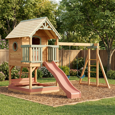 Little Cottage Playhouse Swing Set with Slide