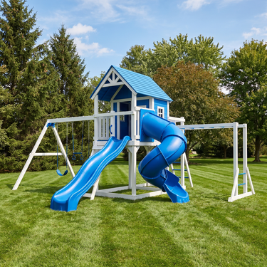 Blue Sky Cottage Playhouse Swing Set With Slides