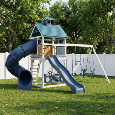 Blue Patrol Playhouse Swing Set with Slides