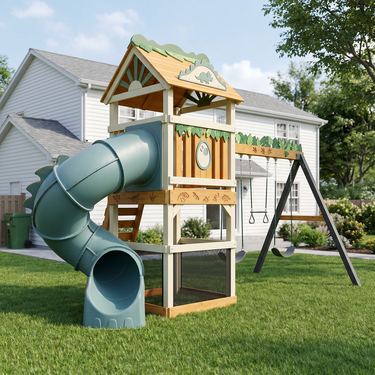 Dino Jungle Playhouse Swing Set with Tube Slide