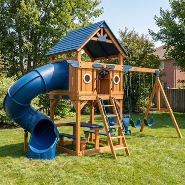Blue Adventure Playhouse Swing Set with Tube Slide