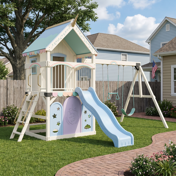 Rainbow Unicorn Garden Playhouse Swing Set With Slide