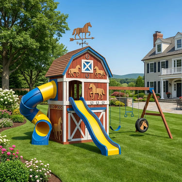 Horse Barn Playhouse Swing Set With Dual Slides