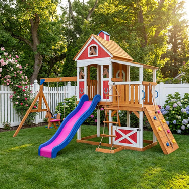 Horse Stable Playhouse Swing Set With Slide
