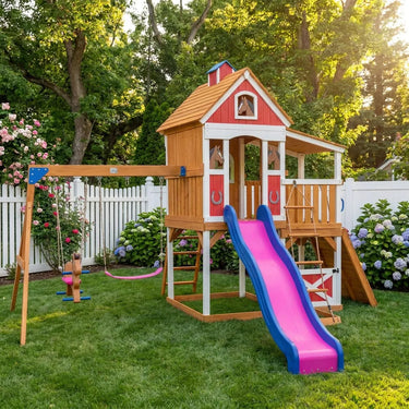 Horse Stable Playhouse Swing Set With Slide