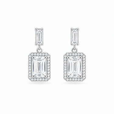 Octavia Art Deco Emerald Cut Drop Earrings - White Gold