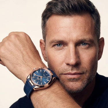 OM Blue Vertical Dial Rose Tone Bezel Watch