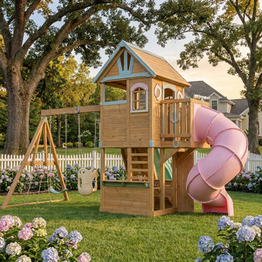 Pony Playhouse Wooden Swing Set with Spiral Slide & Climbing Wall
