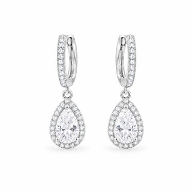 Rosalind Halo Huggie Pear Drop Earrings - White Gold