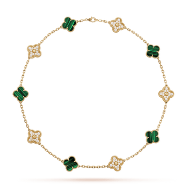 18K Vintage Alhambra Malachite Diamonds 10 Motifs Necklace