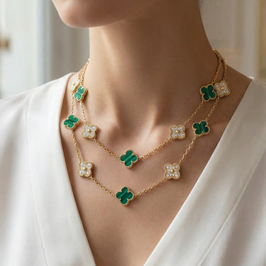 Vintage Alhambra Malachite 20 Motifs Long Clover Necklace